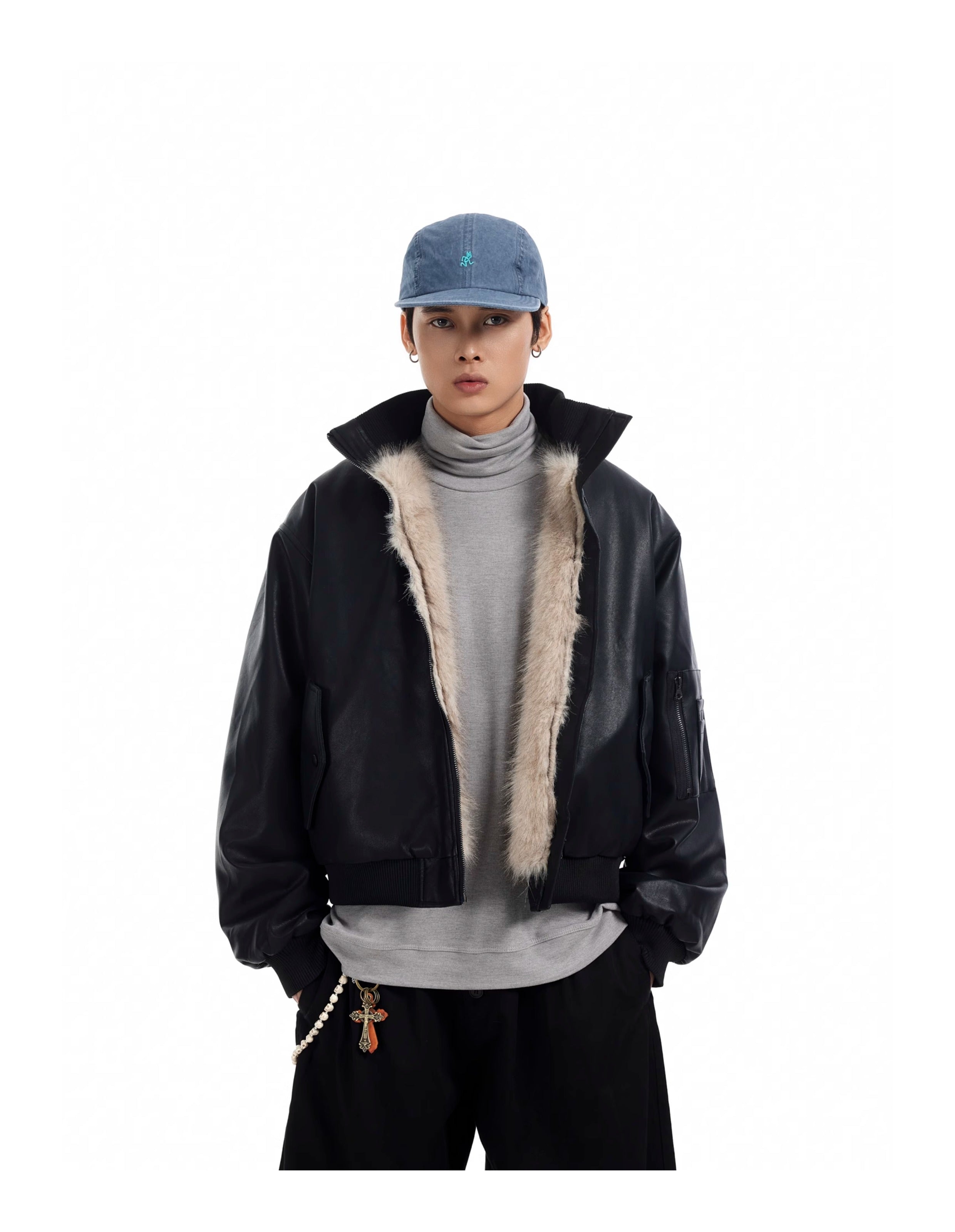 BTSG Motorcycle Leather Thickened Plush Collar MA1 Mountain Carved Jacket