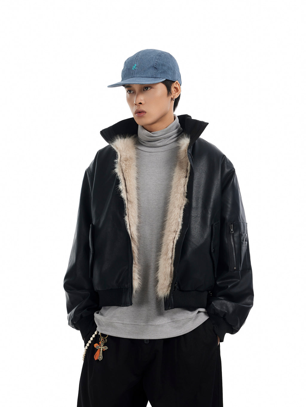 BTSG Motorcycle Leather Thickened Plush Collar MA1 Mountain Carved Jacket