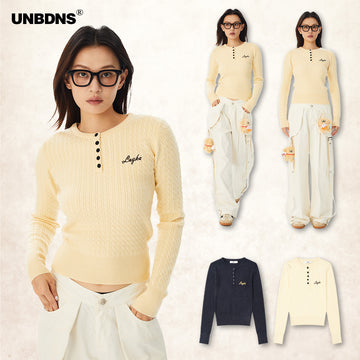 UNBDNS Round Neck Embroidery Long Sleeve Knit Sweater