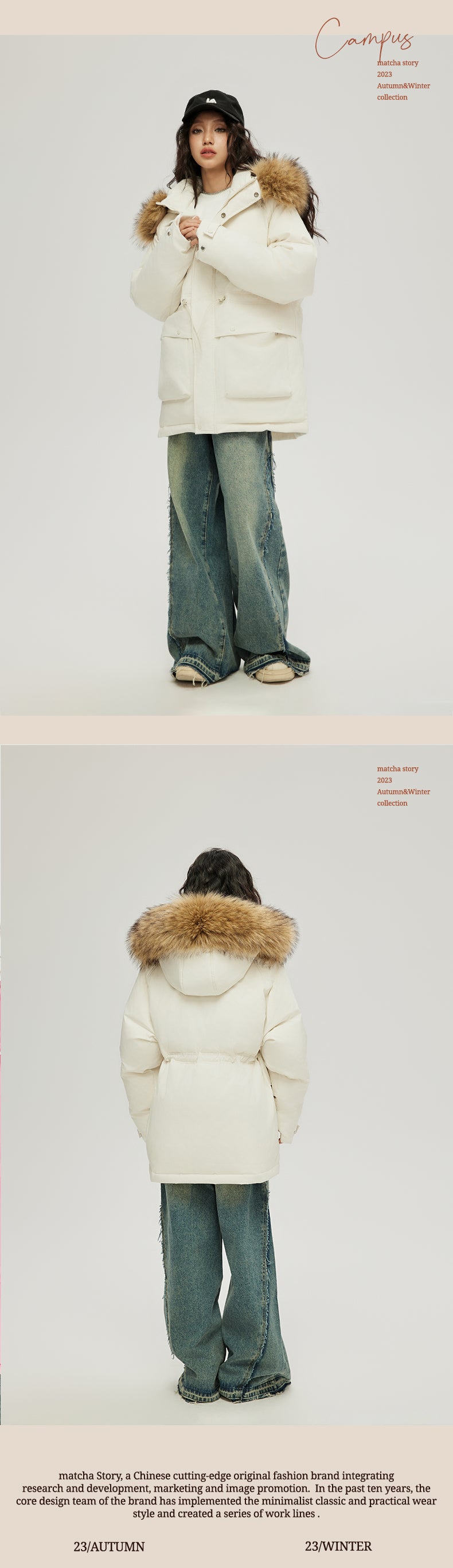 Matcha Story Fur collar hooded down jacket