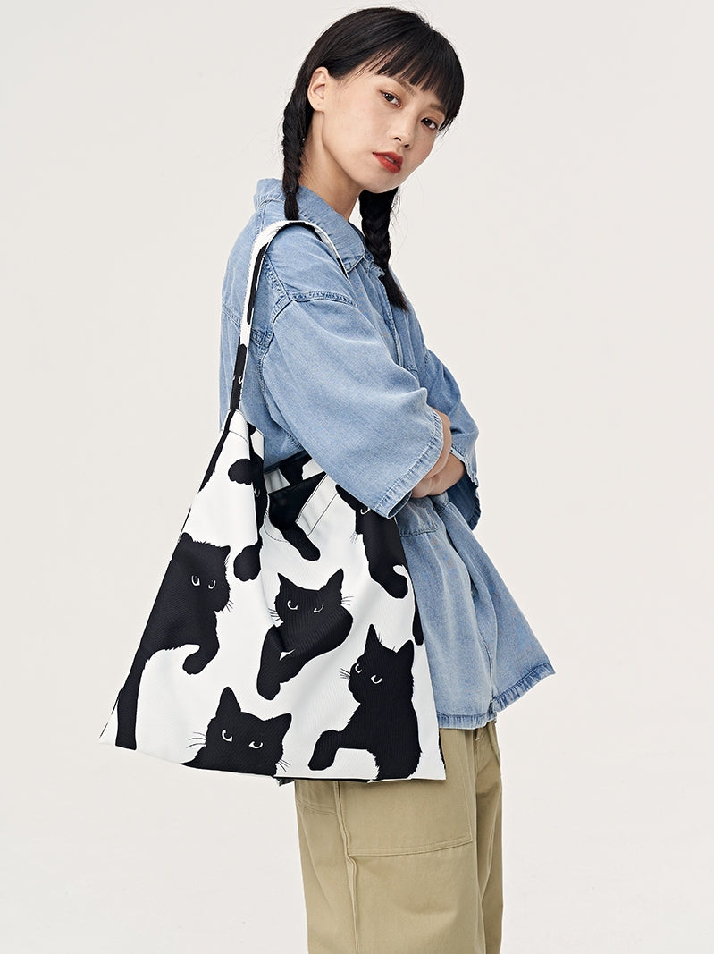 FREEIN original innovative black and white cat print tote bag