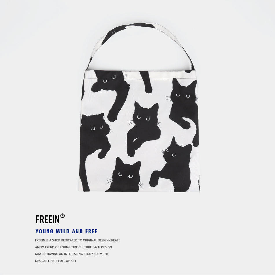 FREEIN original innovative black and white cat print tote bag