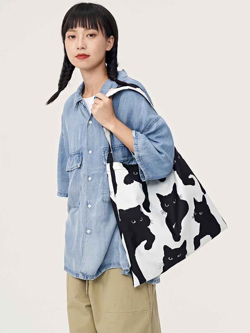 FREEIN original innovative black and white cat print tote bag