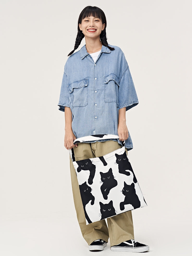 FREEIN original innovative black and white cat print tote bag