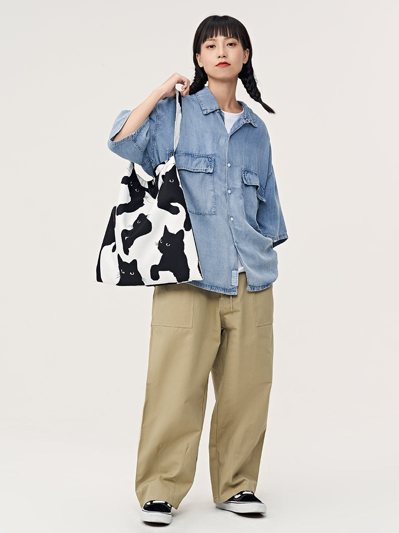 FREEIN original innovative black and white cat print tote bag