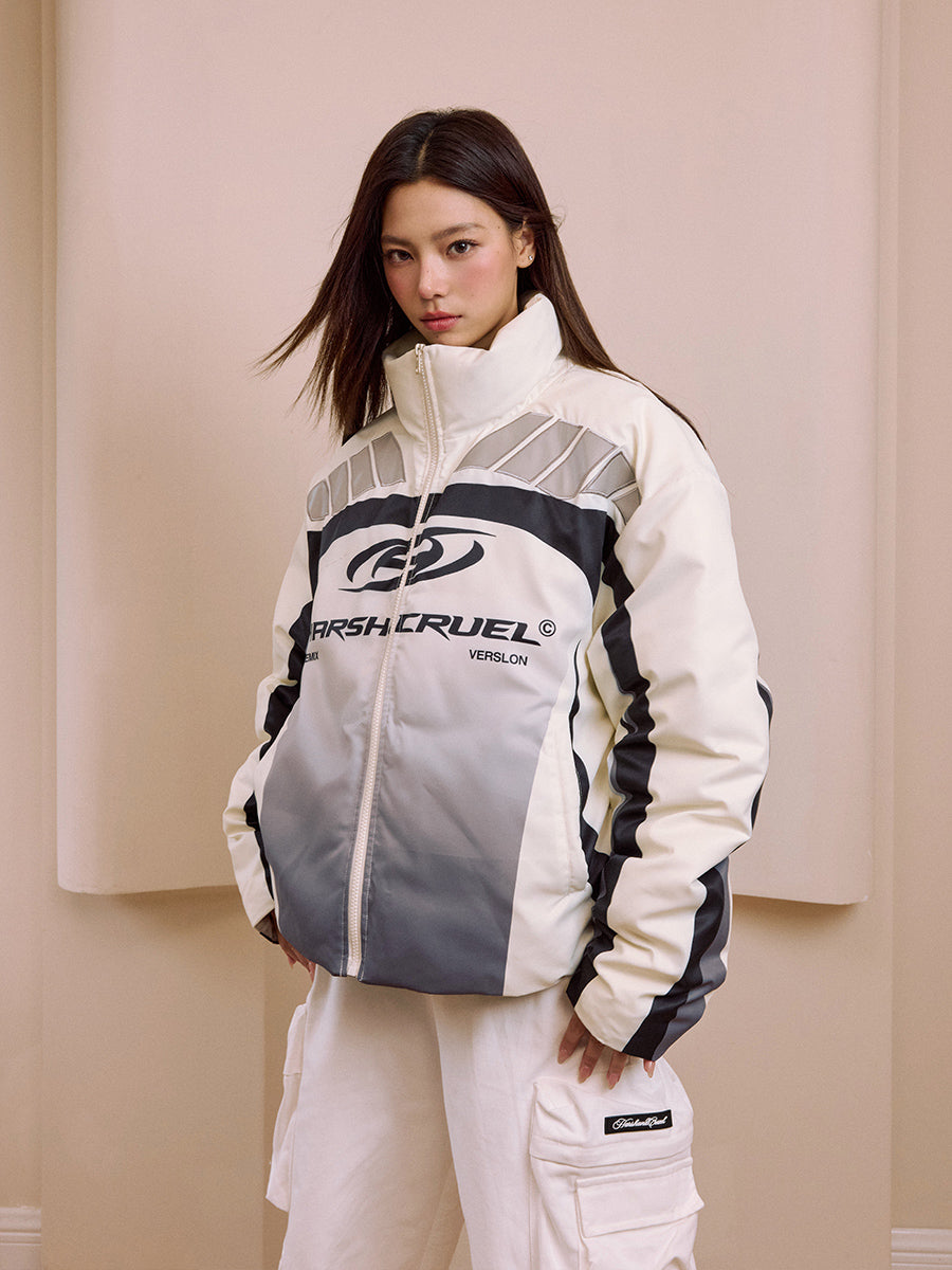 Harshandcruel Contrasting split racing gradient all-over embroidered appliqué silhouette graphene insulated cotton Jacket