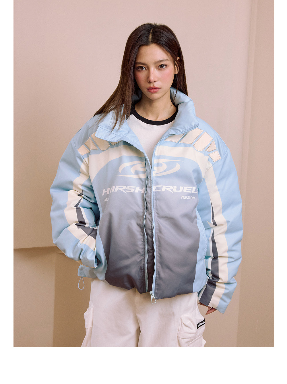 Harshandcruel Contrasting split racing gradient all-over embroidered appliqué silhouette graphene insulated cotton Jacket