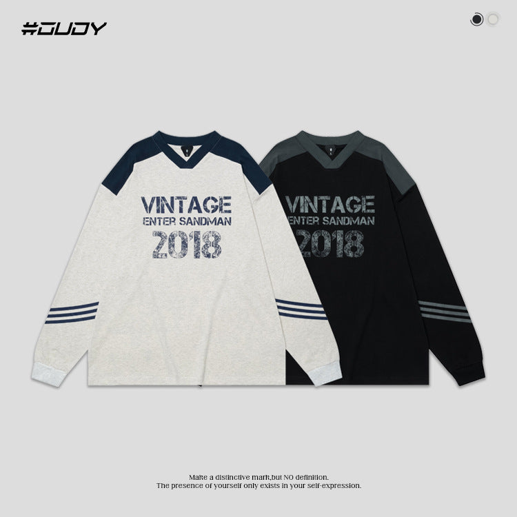 OVDY  Jersey Retro Print Small V-Neck Long Sleeve Sweatshirt