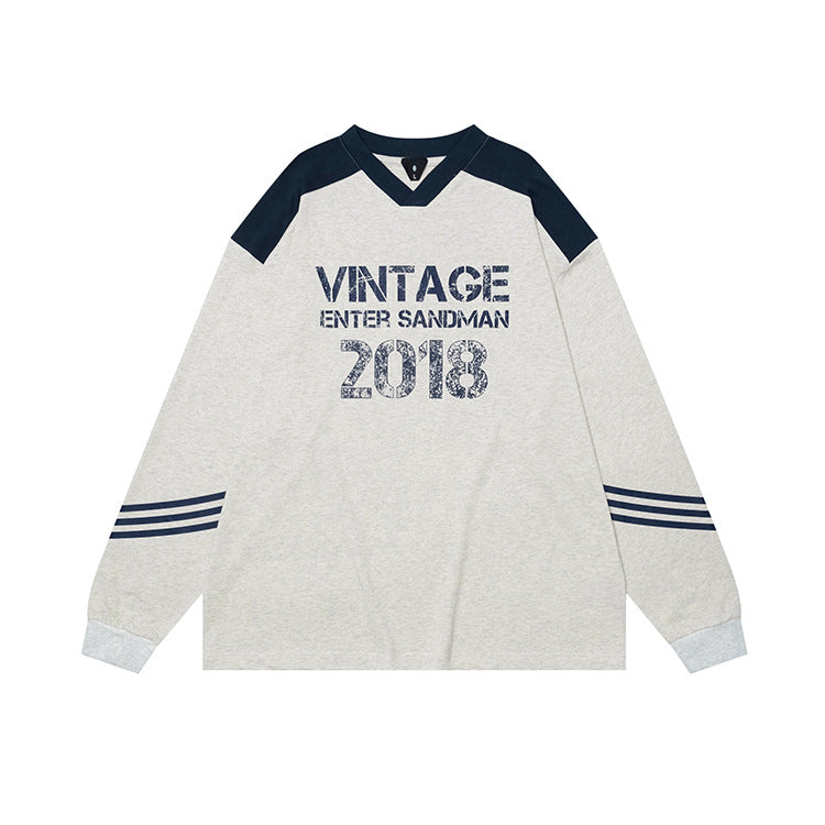 OVDY  Jersey Retro Print Small V-Neck Long Sleeve Sweatshirt