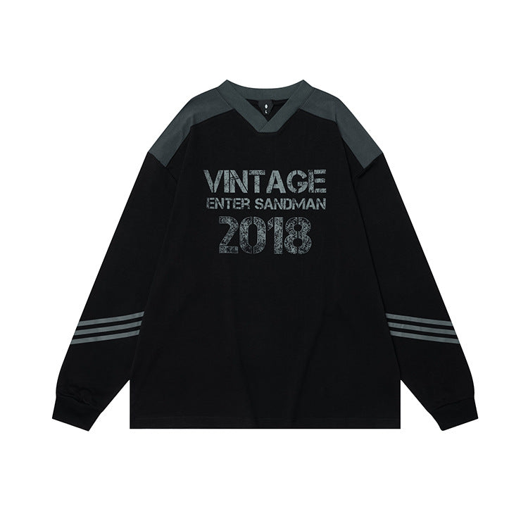 OVDY  Jersey Retro Print Small V-Neck Long Sleeve Sweatshirt