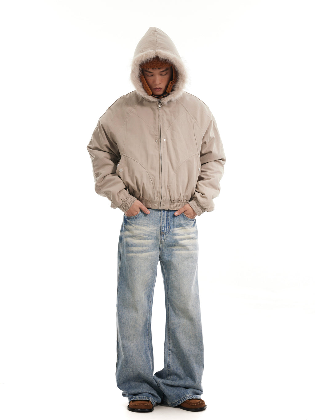 BTSG Wash Cat Whisker Light Loose Straight Jeans