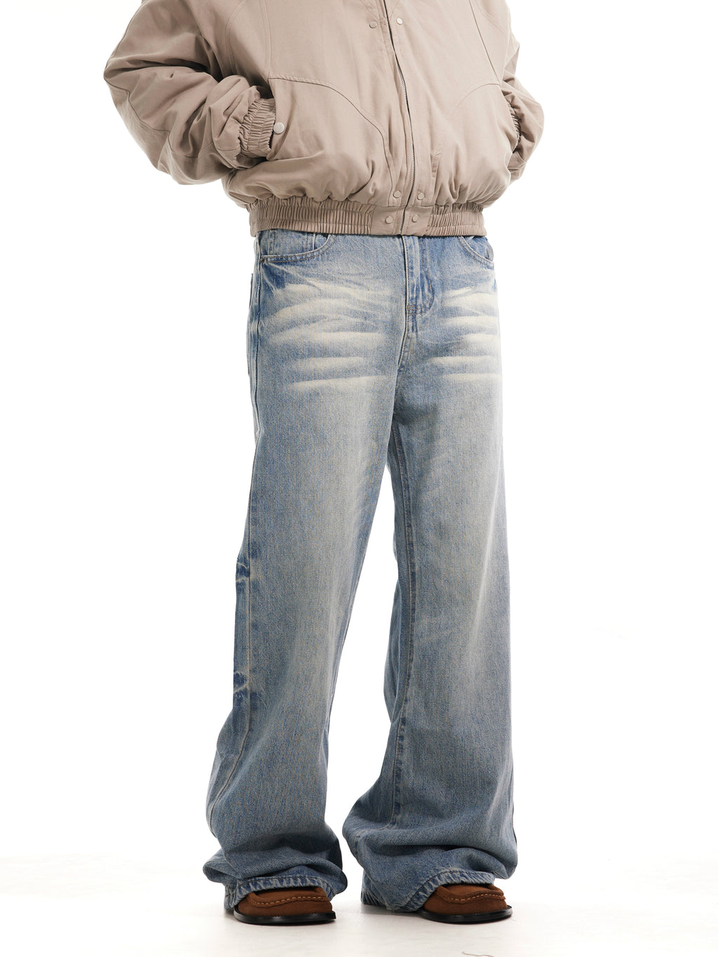 BTSG Wash Cat Whisker Light Loose Straight Jeans