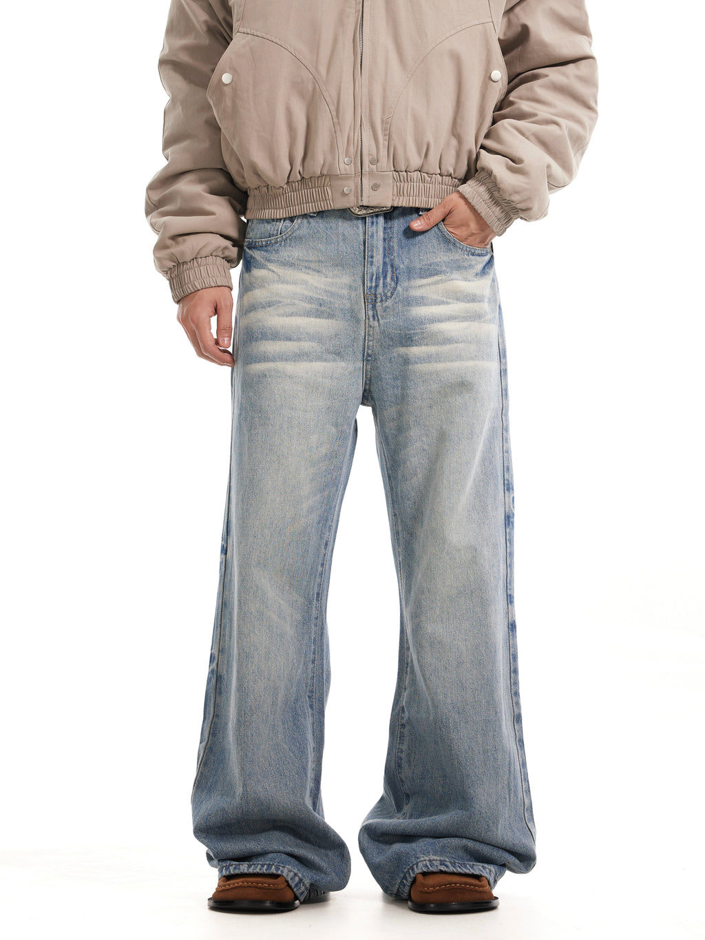 BTSG Wash Cat Whisker Light Loose Straight Jeans