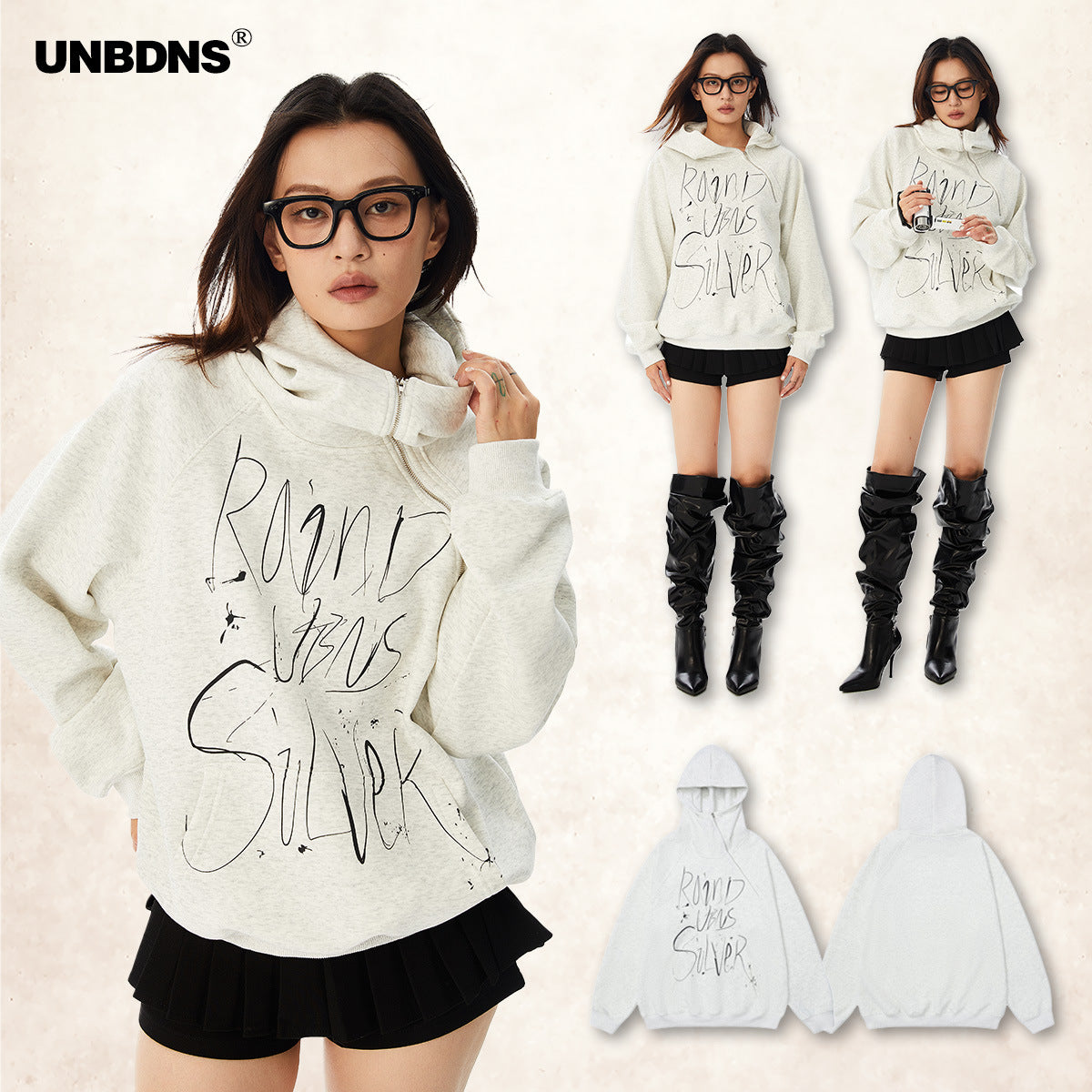 UNBDNS Retro unisex hand-painted letters sweatshirt half-zip Fleece hoodie