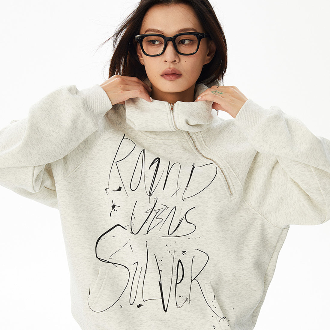 UNBDNS Retro unisex hand-painted letters sweatshirt half-zip Fleece hoodie