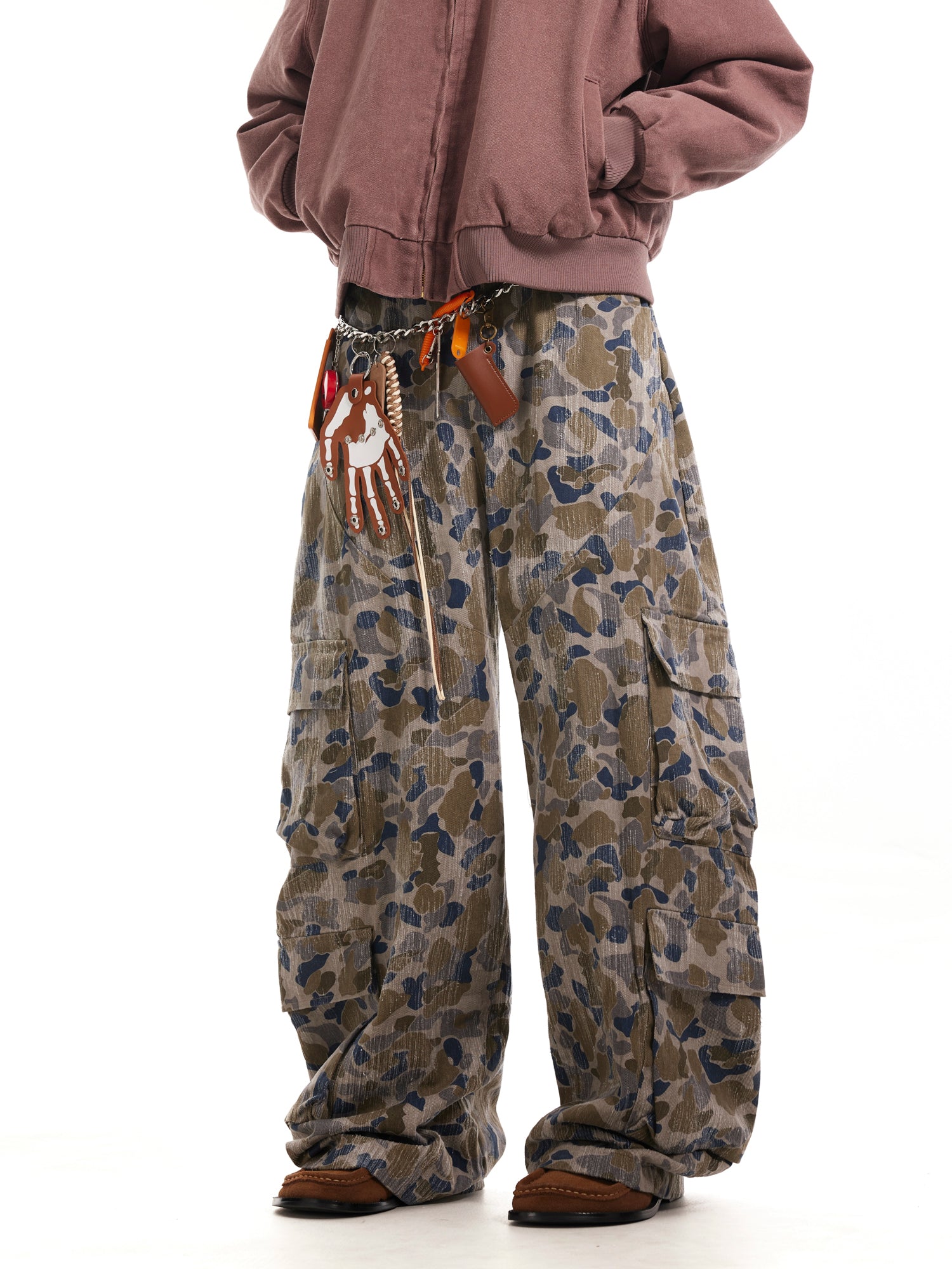 BTSG  Faded Distressed Camouflage Wide Leg Cargo Scimitar Pants