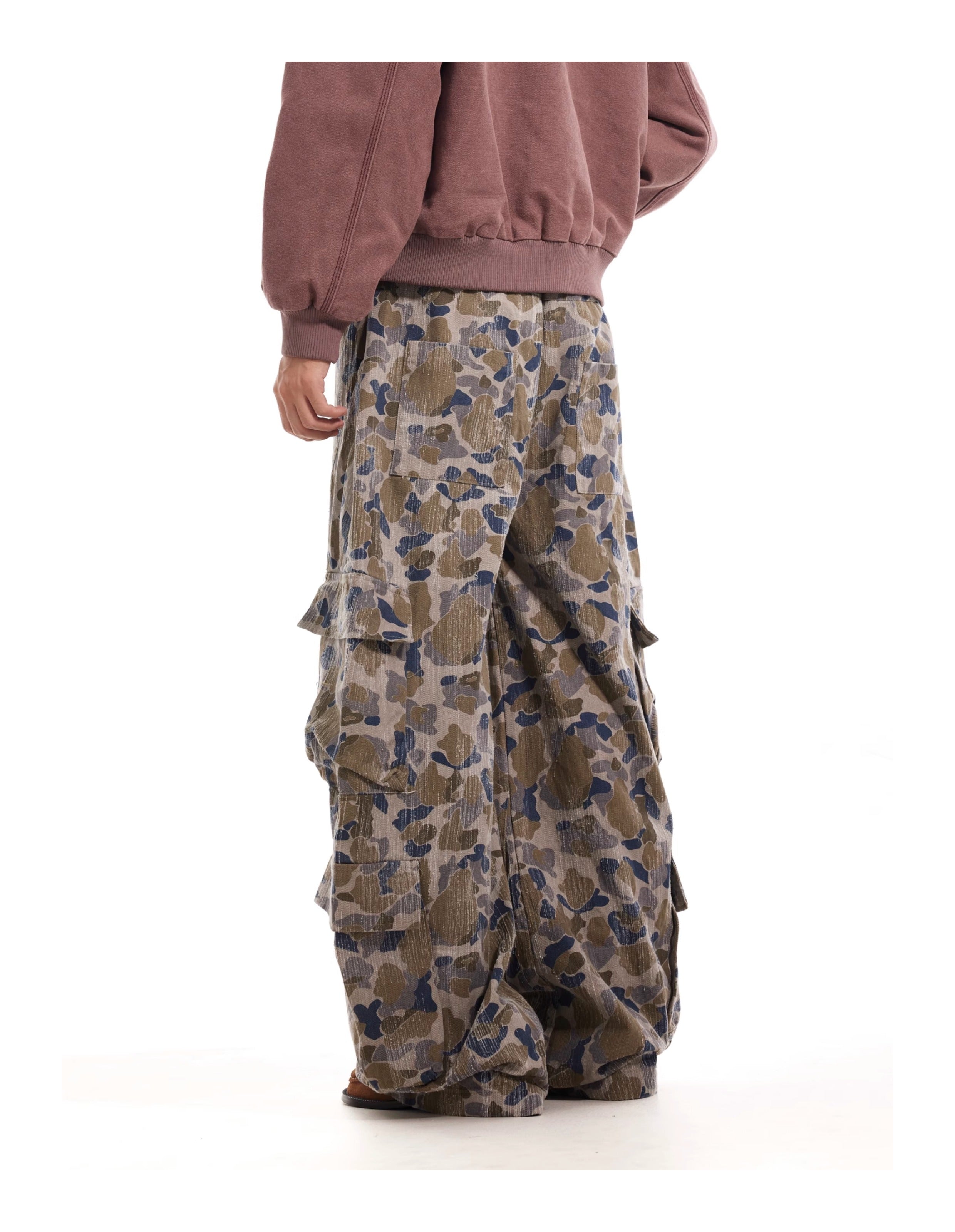 BTSG  Faded Distressed Camouflage Wide Leg Cargo Scimitar Pants