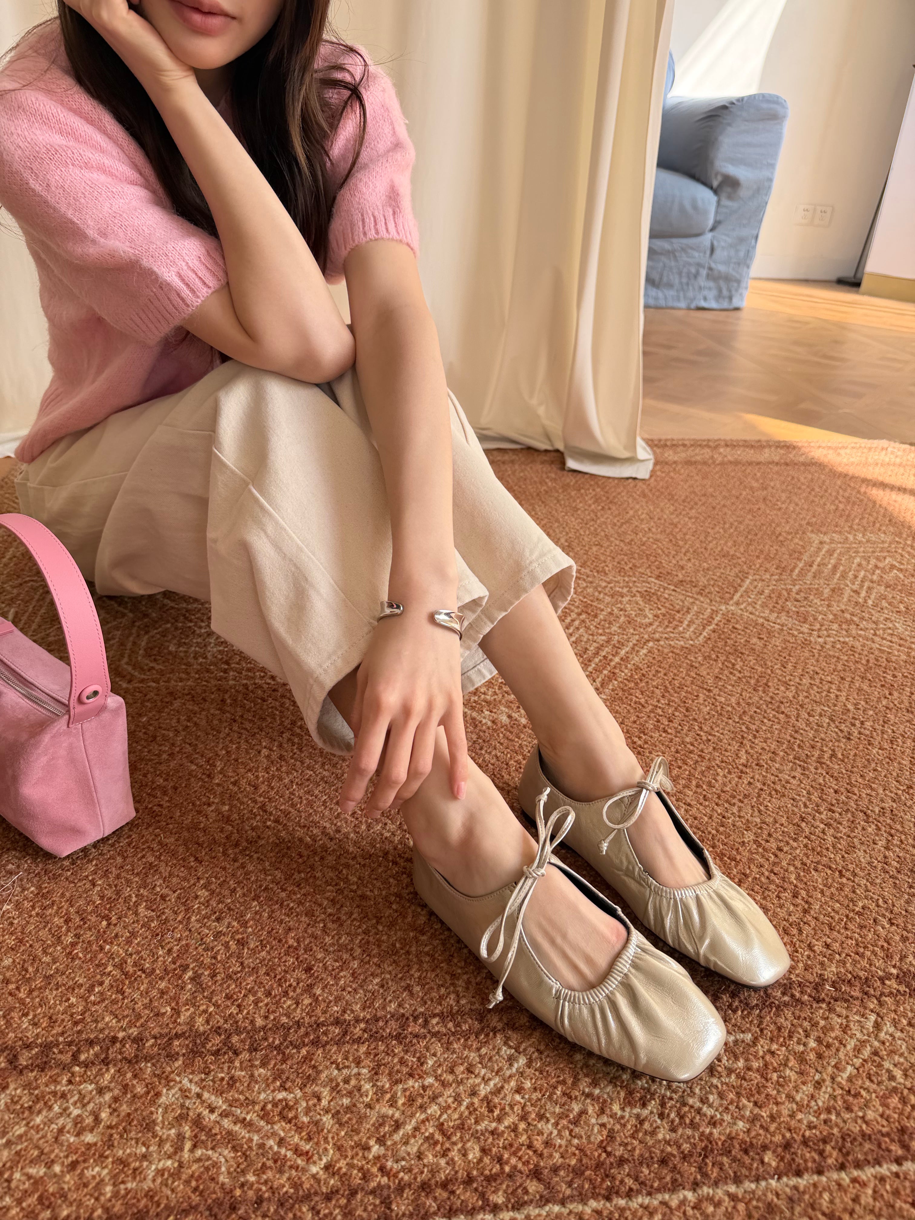 La mode Ruched Square-Toe Elastic Ballet Flats