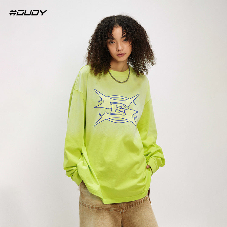 #OVDY Vintage Wash Retro Cracked Gradient Print Long Sleeve Oversize Sweatshirt