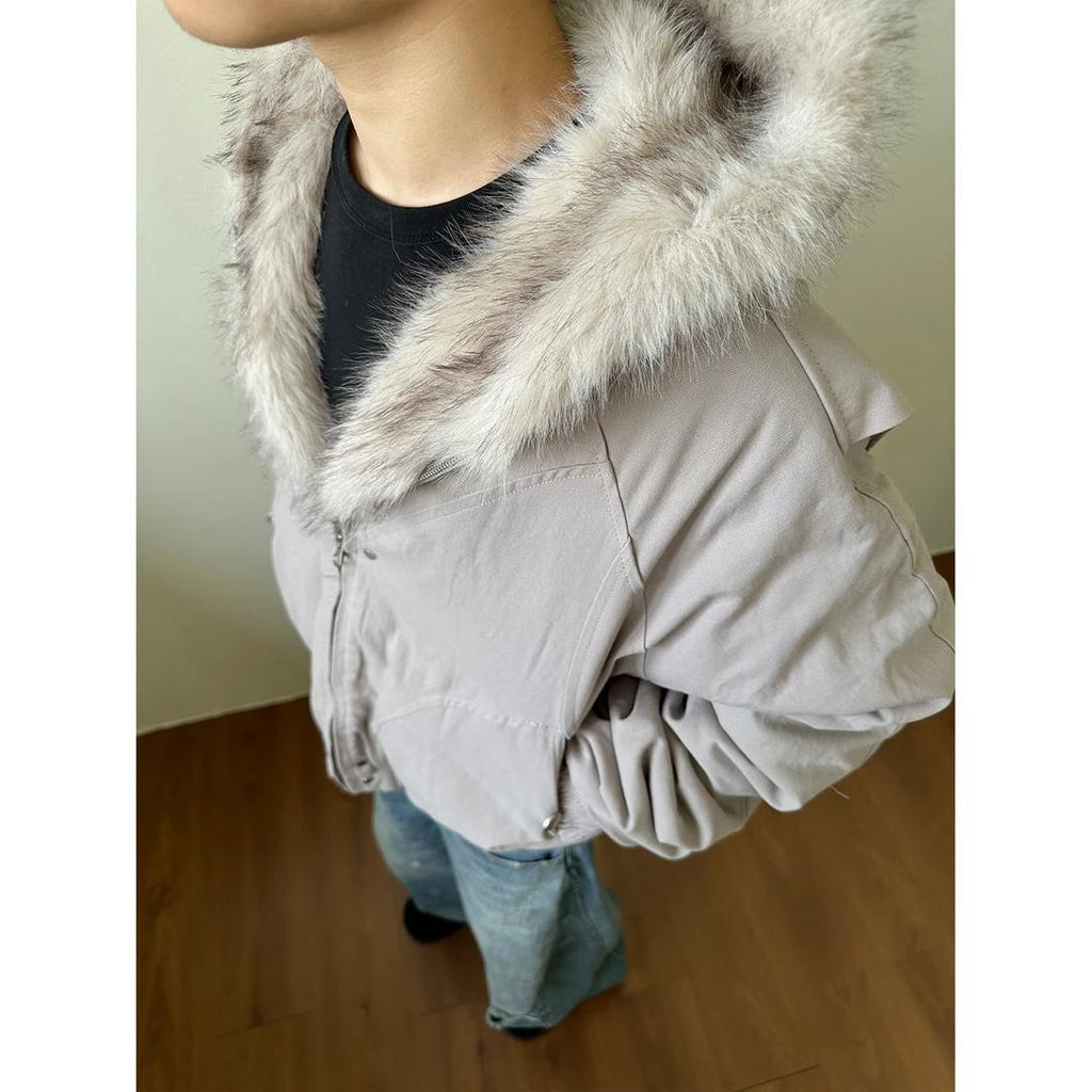 MADEXTREME Mt. Carved Fur Collar Hooded Short Zipper Cotton Jacket