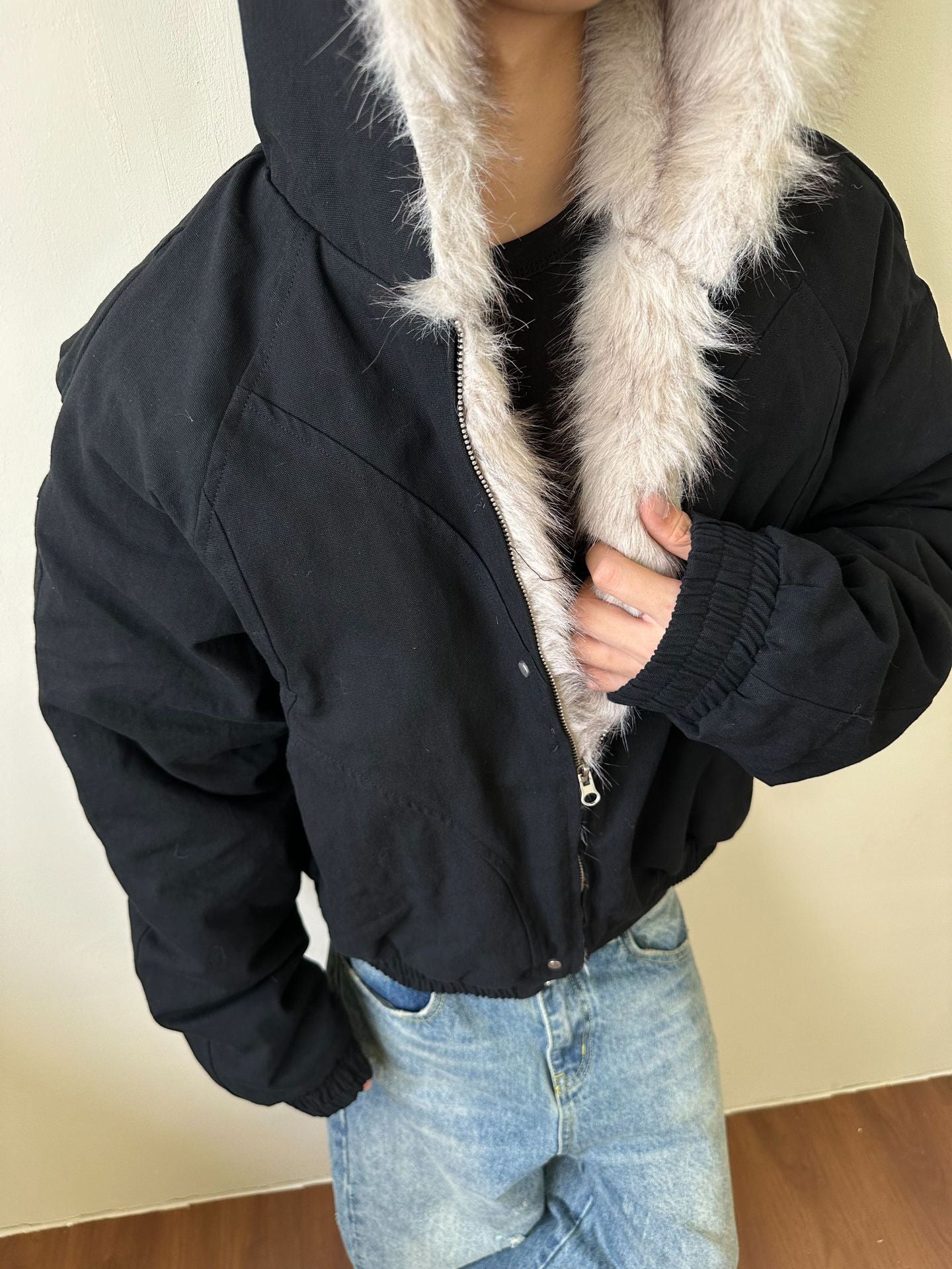 MADEXTREME Mt. Carved Fur Collar Hooded Short Zipper Cotton Jacket