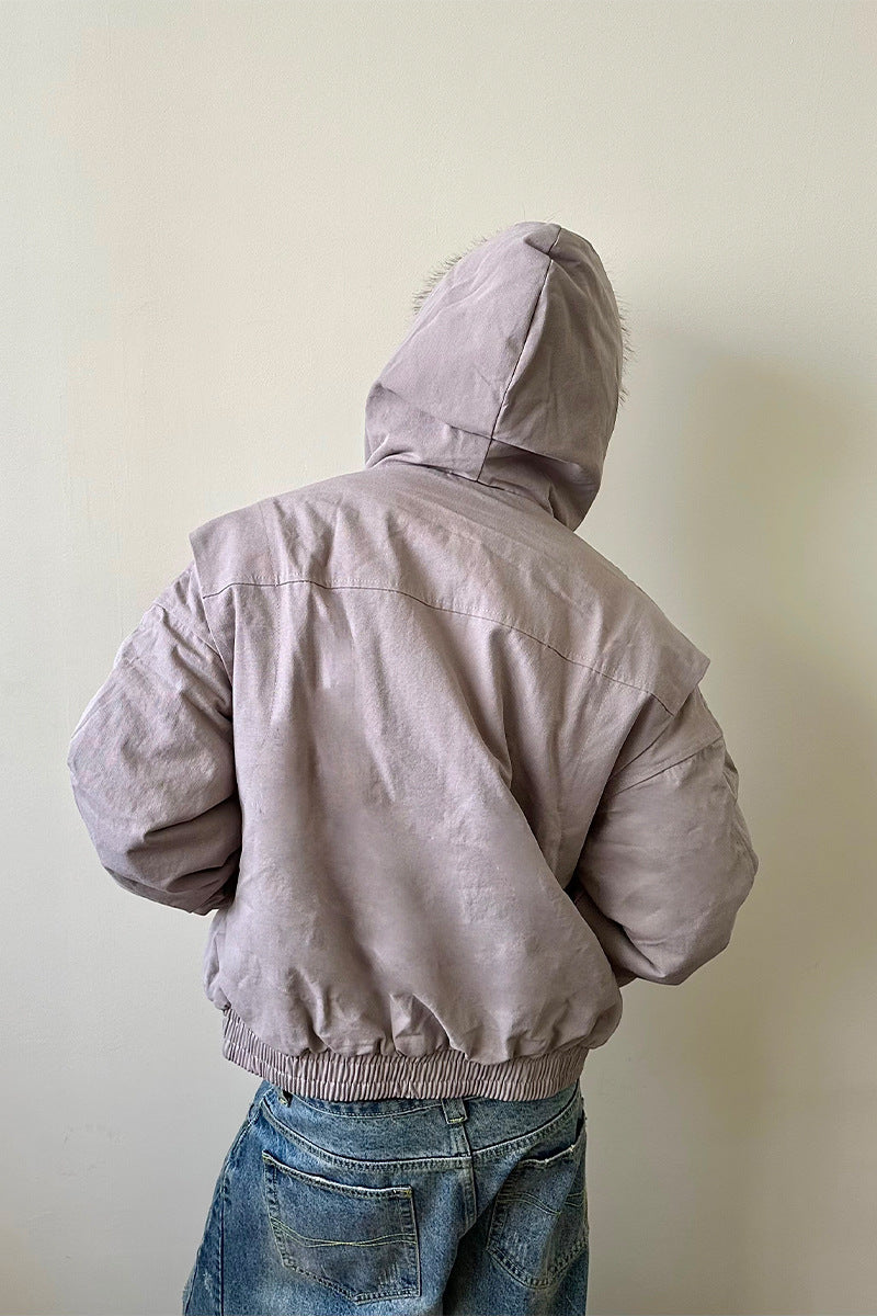MADEXTREME Mt. Carved Fur Collar Hooded Short Zipper Cotton Jacket