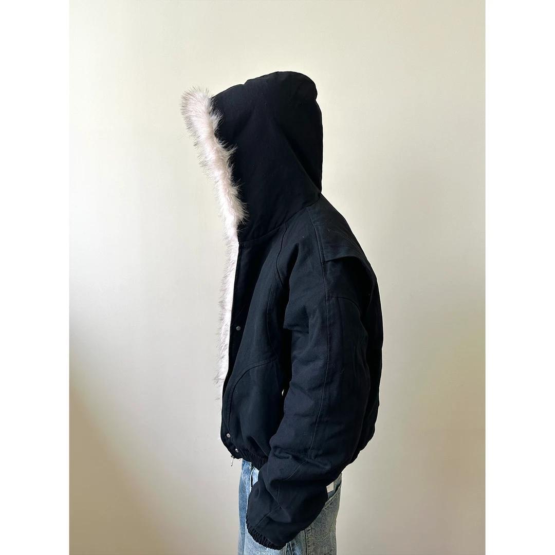 MADEXTREME Mt. Carved Fur Collar Hooded Short Zipper Cotton Jacket