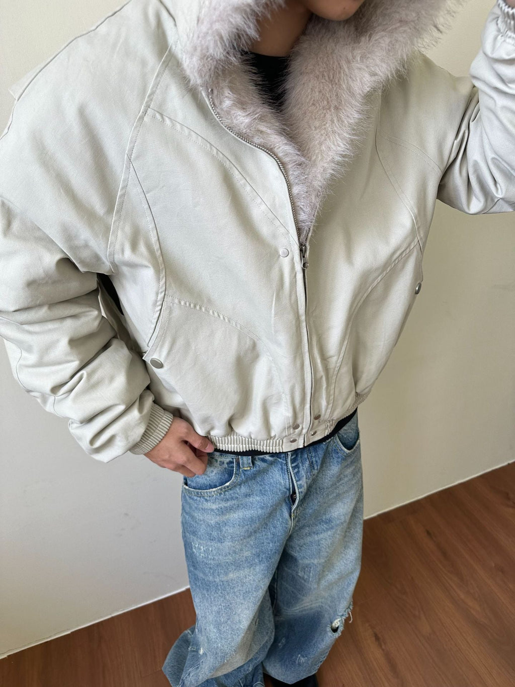MADEXTREME Mt. Carved Fur Collar Hooded Short Zipper Cotton Jacket
