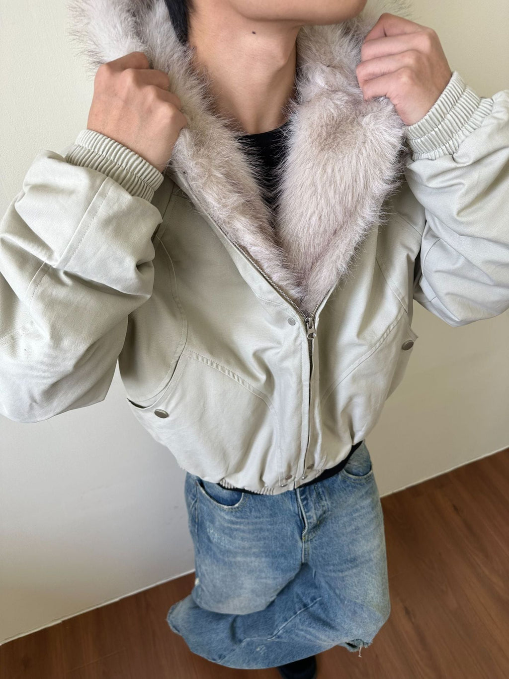 MADEXTREME Mt. Carved Fur Collar Hooded Short Zipper Cotton Jacket