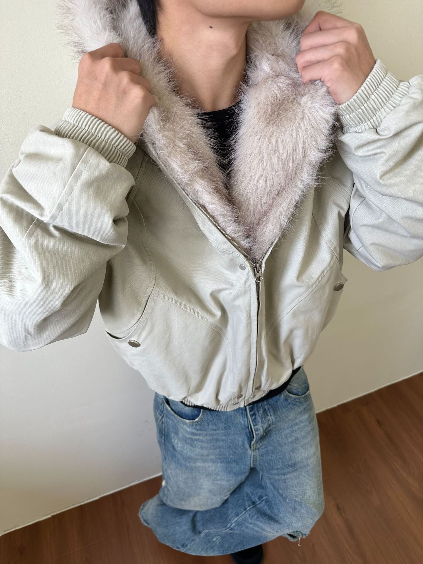 MADEXTREME Mt. Carved Fur Collar Hooded Short Zipper Cotton Jacket
