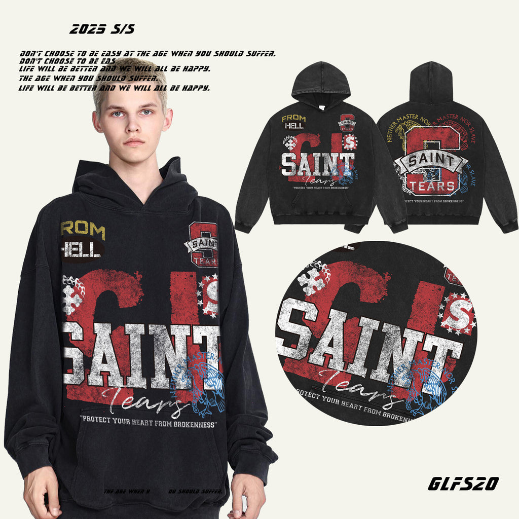 GLFS American Retro Washed Distressed Hip Hop Hoodie