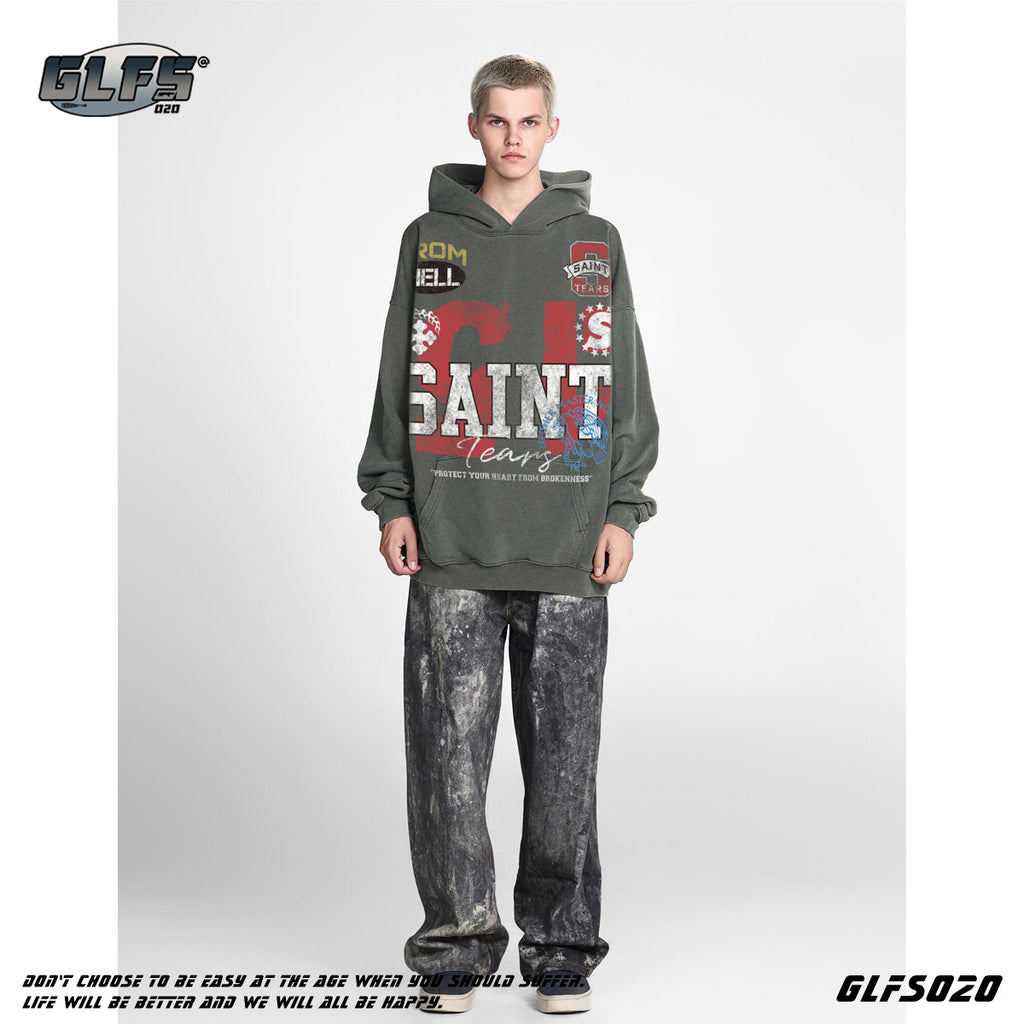 GLFS American Retro Washed Distressed Hip Hop Hoodie