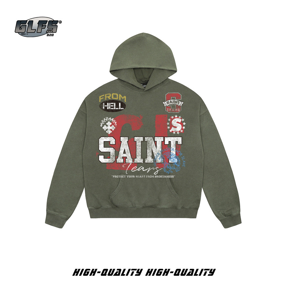 GLFS American Retro Washed Distressed Hip Hop Hoodie