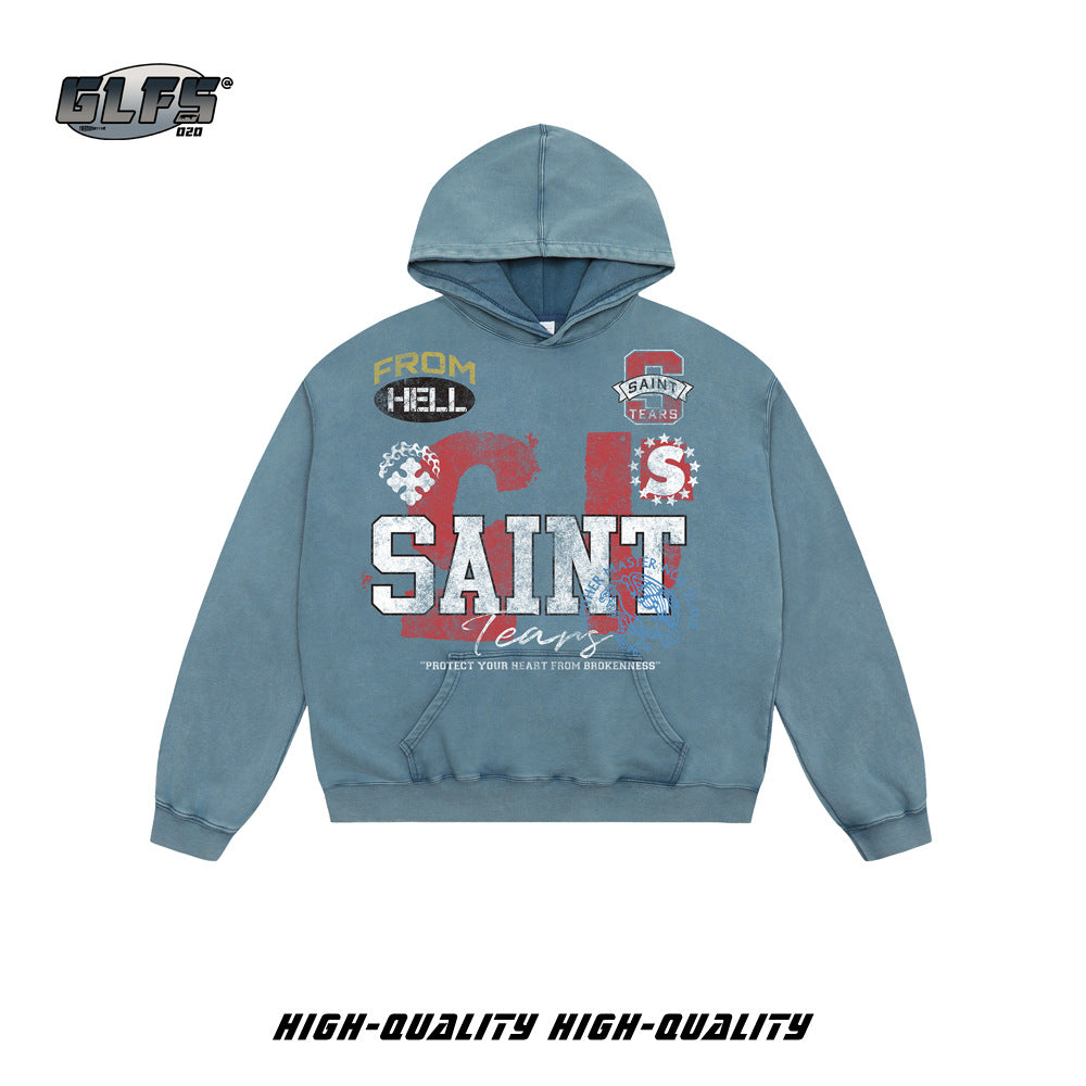 GLFS American Retro Washed Distressed Hip Hop Hoodie