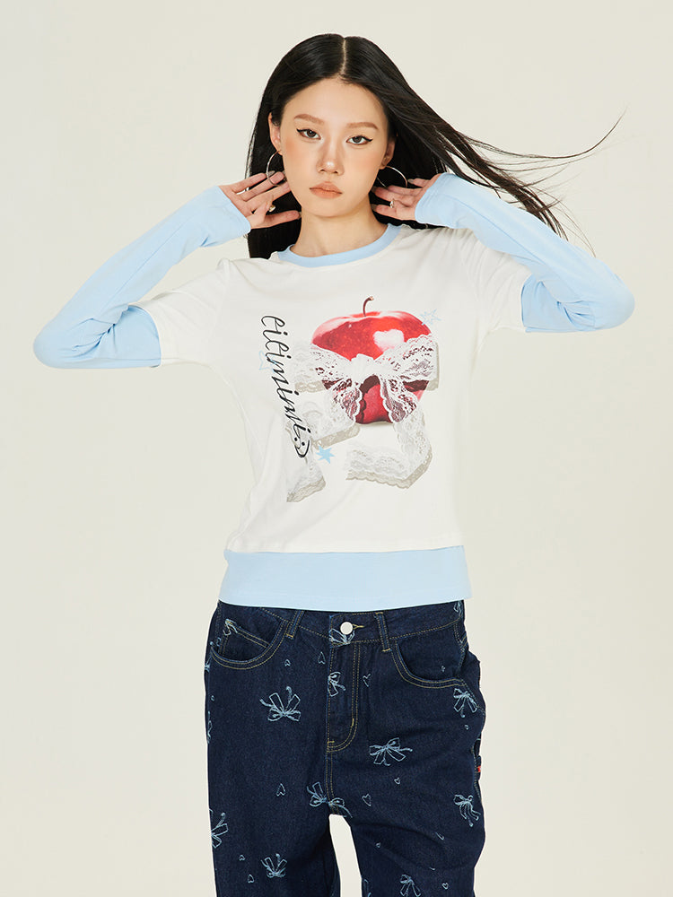 Axis Mundi Fruit Print Contrast Long Sleeve T-Shirt Casual Loose Fit Thin High Street Top