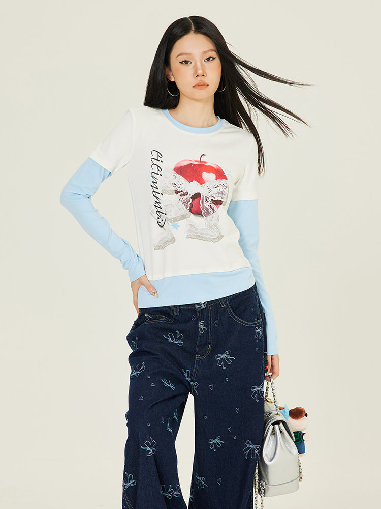 Axis Mundi Fruit Print Contrast Long Sleeve T-Shirt Casual Loose Fit Thin High Street Top