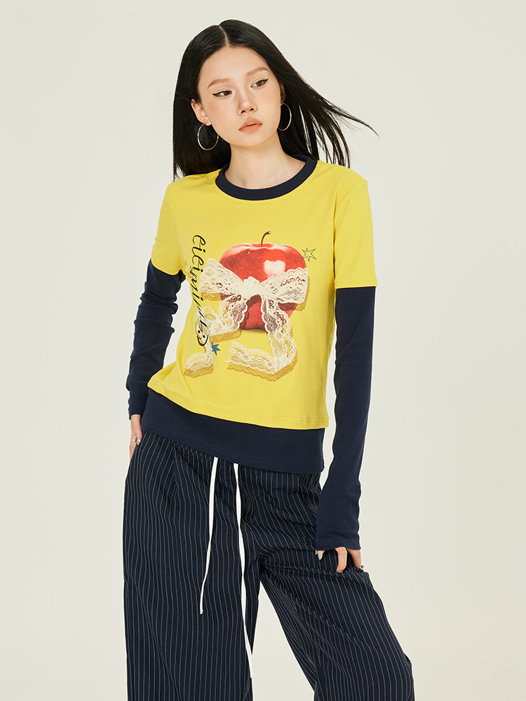 Axis Mundi Fruit Print Contrast Long Sleeve T-Shirt Casual Loose Fit Thin High Street Top