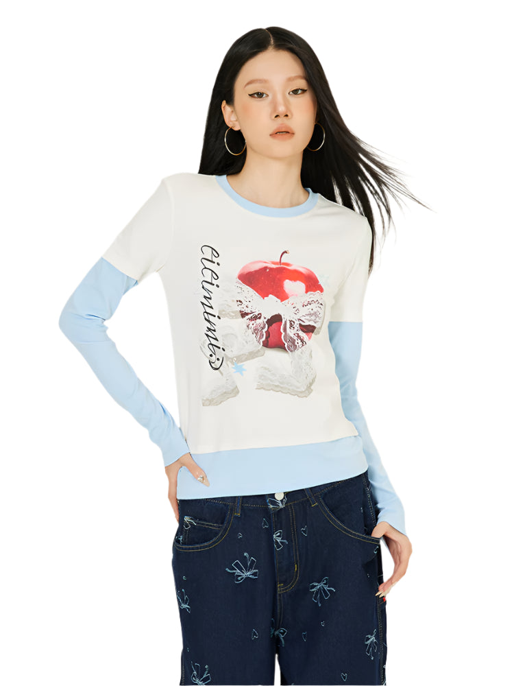 Axis Mundi Fruit Print Contrast Long Sleeve T-Shirt Casual Loose Fit Thin High Street Top