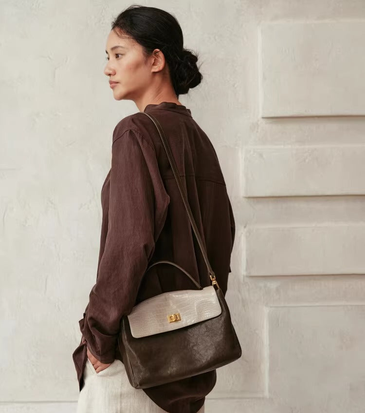 AVALEA Cowhide Color Matching Shoulder Bag