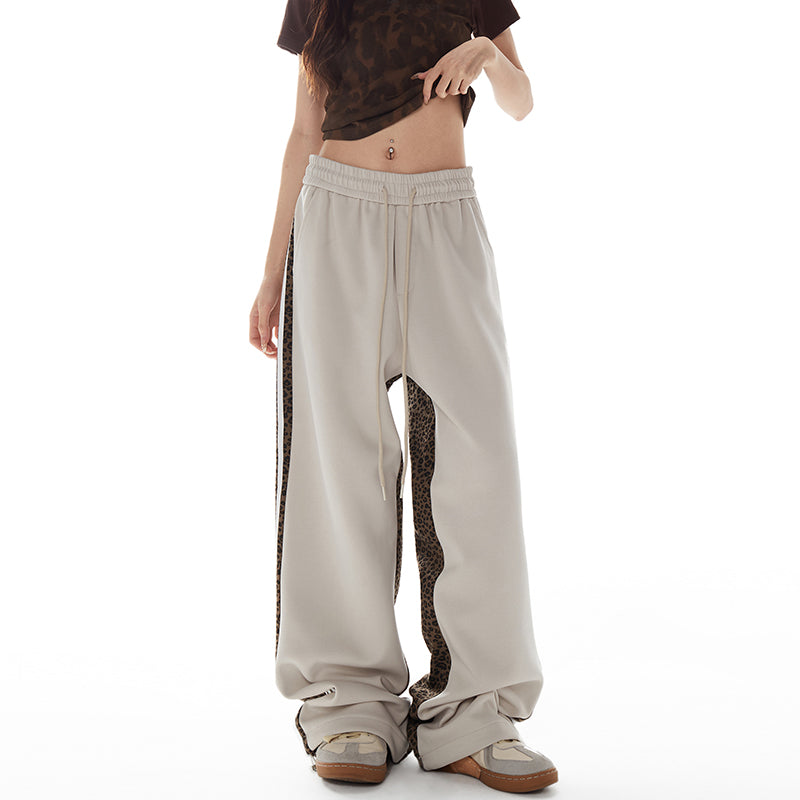 NERESUM leopard print sweatpants American retro hip hop loose striped sports straight-leg Sweatpants