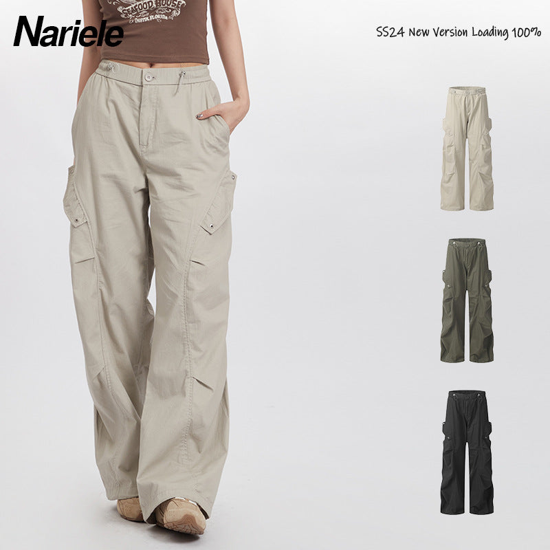 Nariele Unisex Retro Windproof Cargo Pants Ruffled Wide Leg Loose Pants