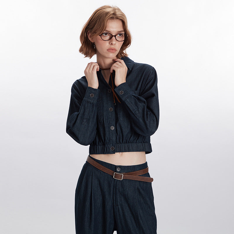 Nariele Womenswear Trendy Chic Wears Cropped Jacket Denim Wide-leg Pants Set