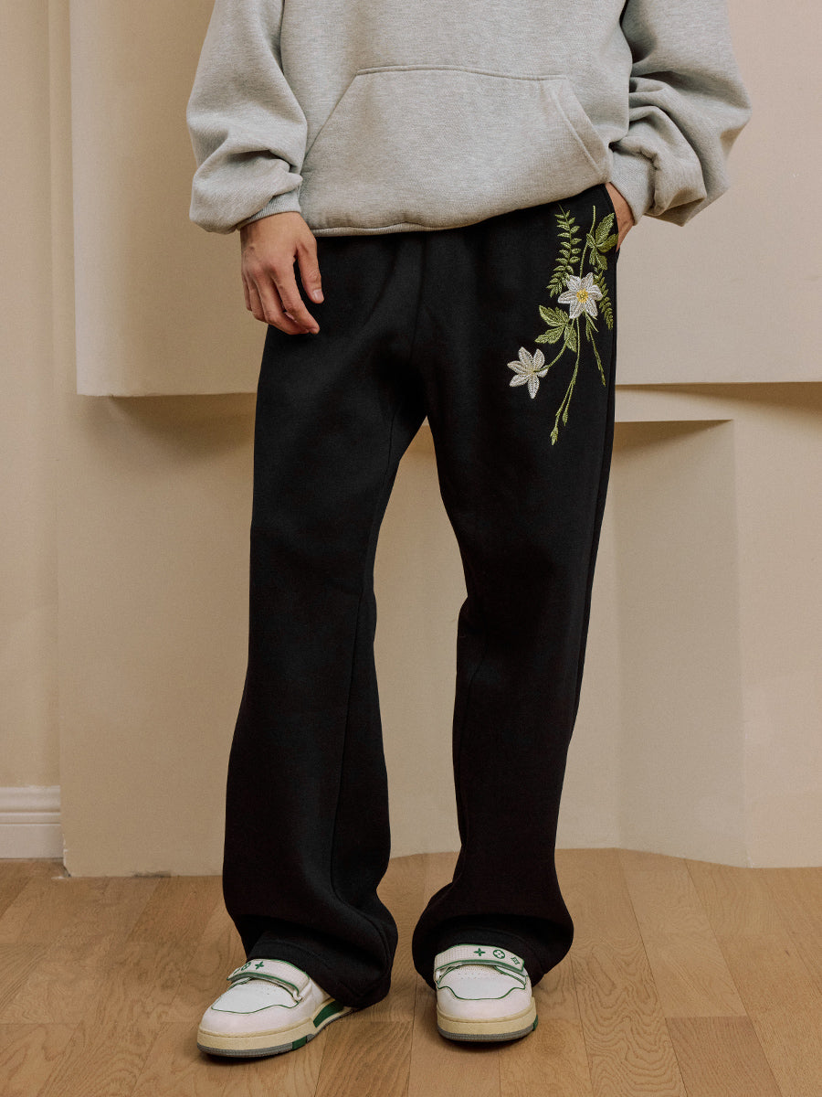 Harshandcruel draped floral embroidered elastic wide-leg straight-leg casual sweatpants