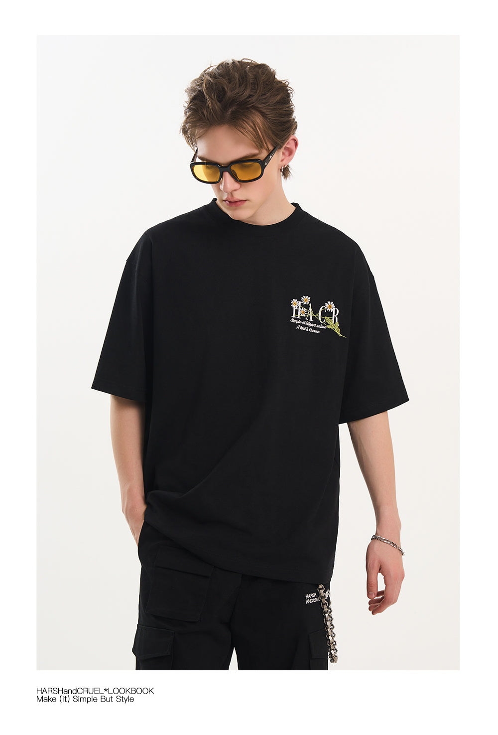 harshandcruel ] floral typography, heavy-duty embroidered tee