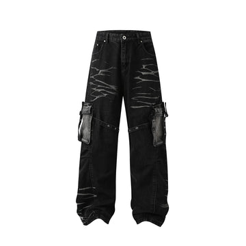 BTSG American Vintage Ripple Multi-Pocket Strappy Jeans Niche Design Cargo Pants