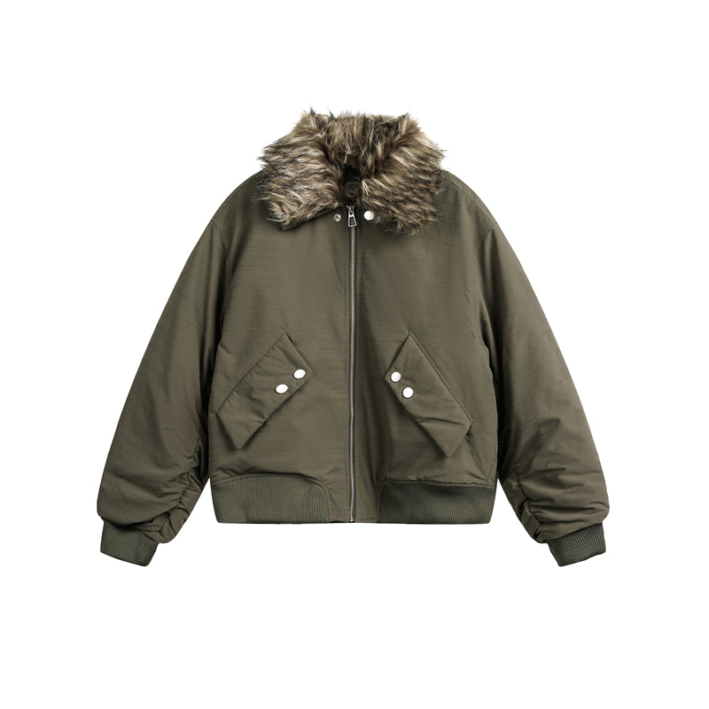 BTSG FUR Detachable Plush Collar Cropped Cargo Jacket