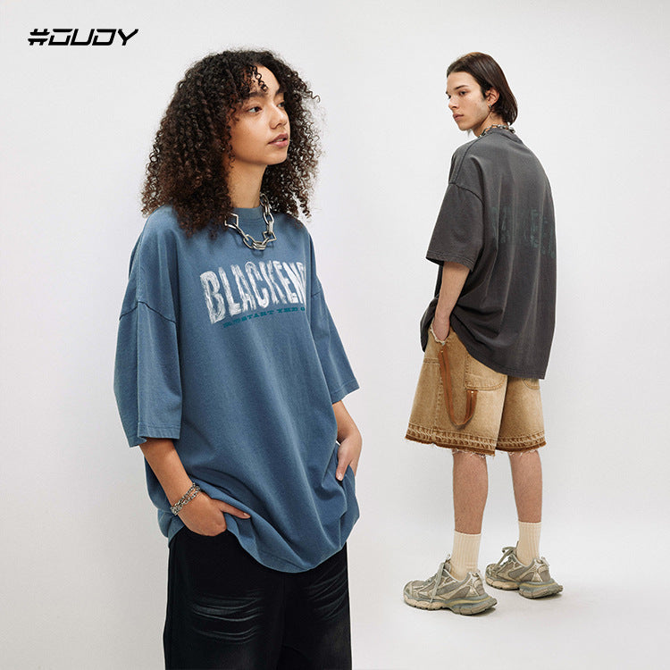 #OVDY Unisex Oversize Retro Fried Wash Hand-Painted Print Short Sleeve T-Shirt