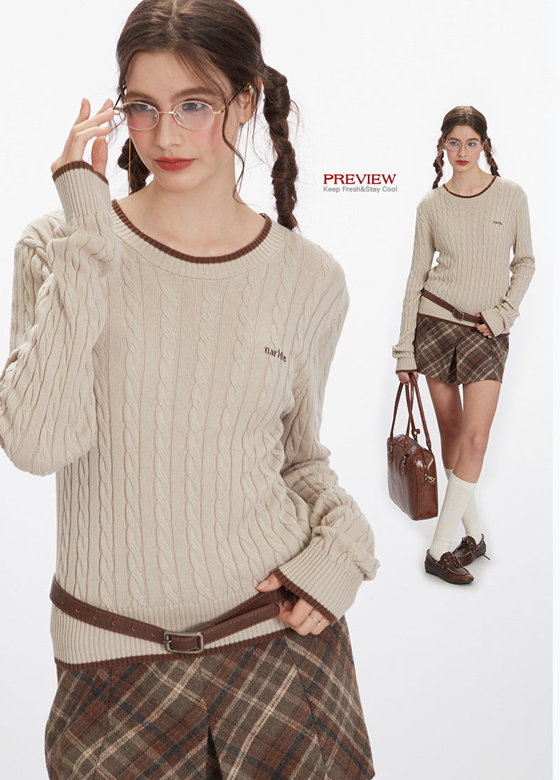 Nariele Embroidery Crew Neck Top Striped Long Sleeve Slim Knit Sweater