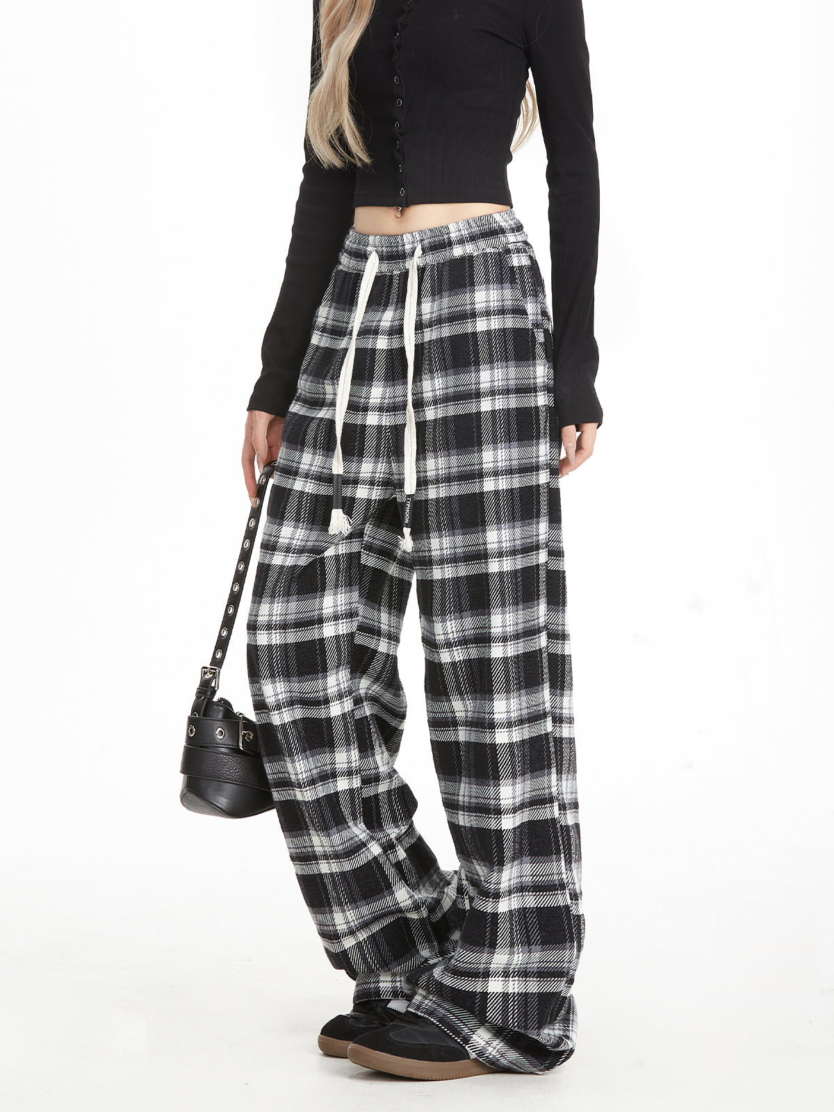 Neresum plaid pants retro drawstring trendy loose straight sweatpants