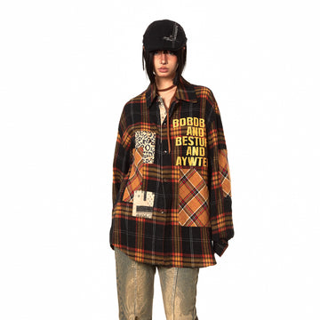 BLACKBB Retro Elements Patch Print Plaid Long Sleeve Shirt